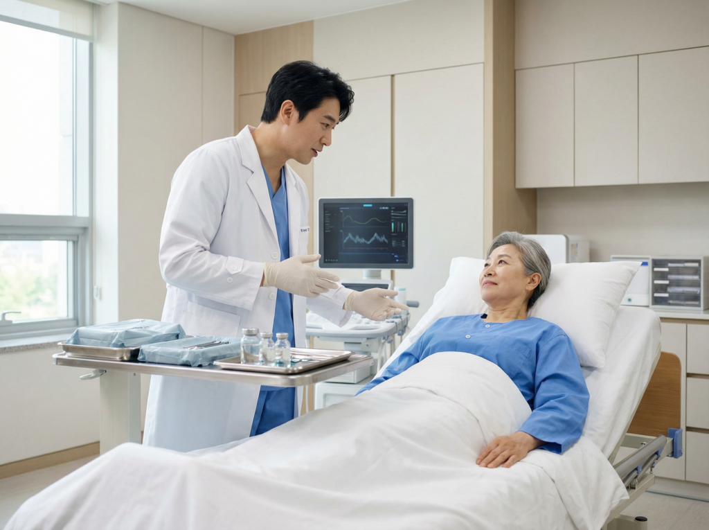 Chinese Asian doctor in a white coat explaining a medical treatment to a relaxed patient lying on a bed in a modern, clean healthcare room.